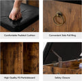 Rustic wood shoe storage bench feature grid showing padded cushion, side pull ring, P2 particleboard and safety closure