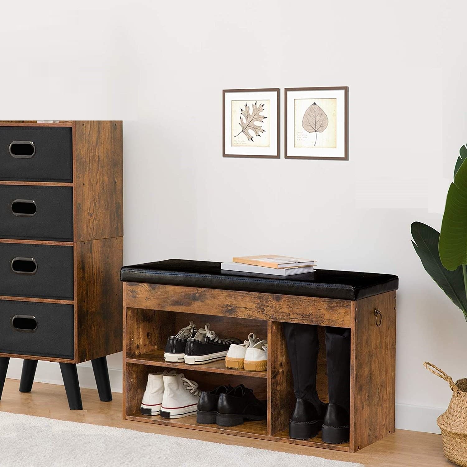 Rustic wood shoe bench in room setting with boots and shoes stored in cubbies, book on top