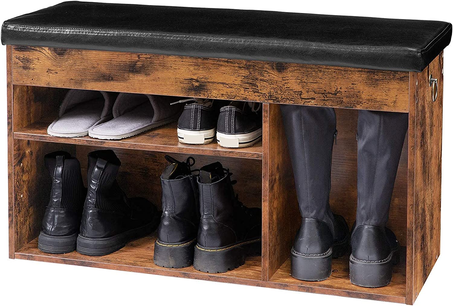 Rustic wood finish shoe bench with black PU leather cushion top and three open compartments loaded with boots
