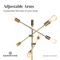 Sarantino close-up of six gold brass arms with Edison bulbs, text 