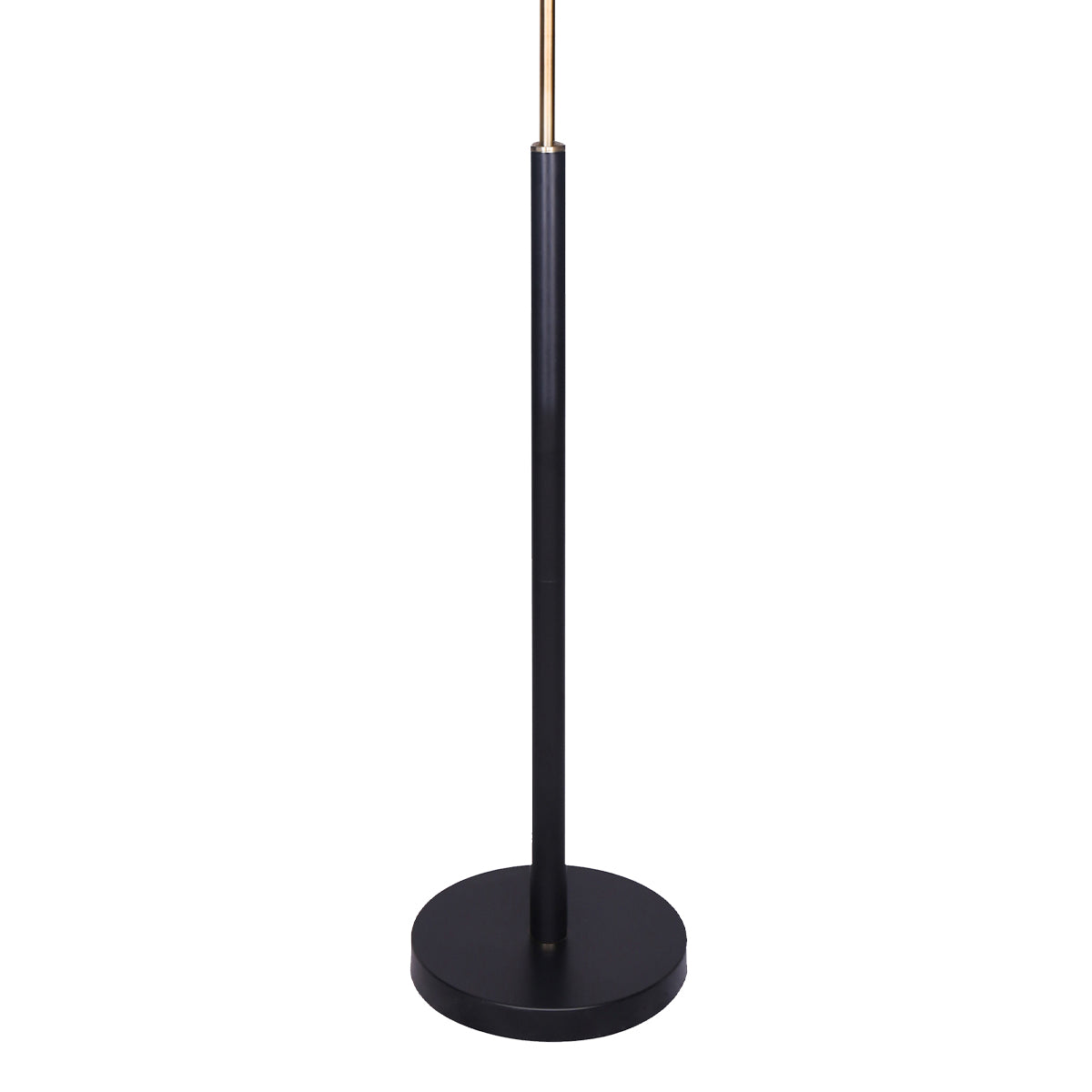 Close-up of matte black round base and cylindrical pole with gold brass connector, floor lamp on white background