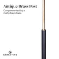 Sarantino close-up of antique brass pole meeting matte black section, text reads 