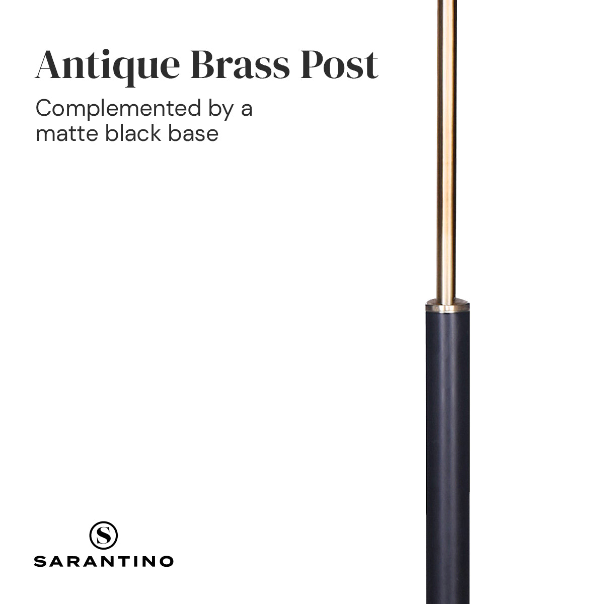 Sarantino close-up of antique brass pole meeting matte black section, text reads "Antique Brass Post"