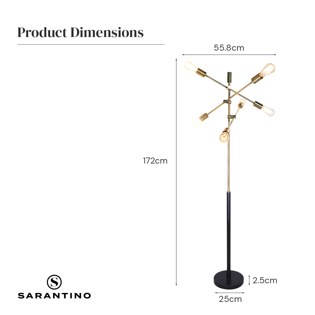 Sarantino Three Arm Floor Lamp dimensions diagram: 172cm height, 55.8cm width, 25cm base diameter, 2.5cm base height