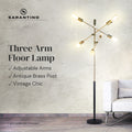 Sarantino Three Arm Floor Lamp feature image with checkmarks for Adjustable Arms, Antique Brass Post, Vintage Chic