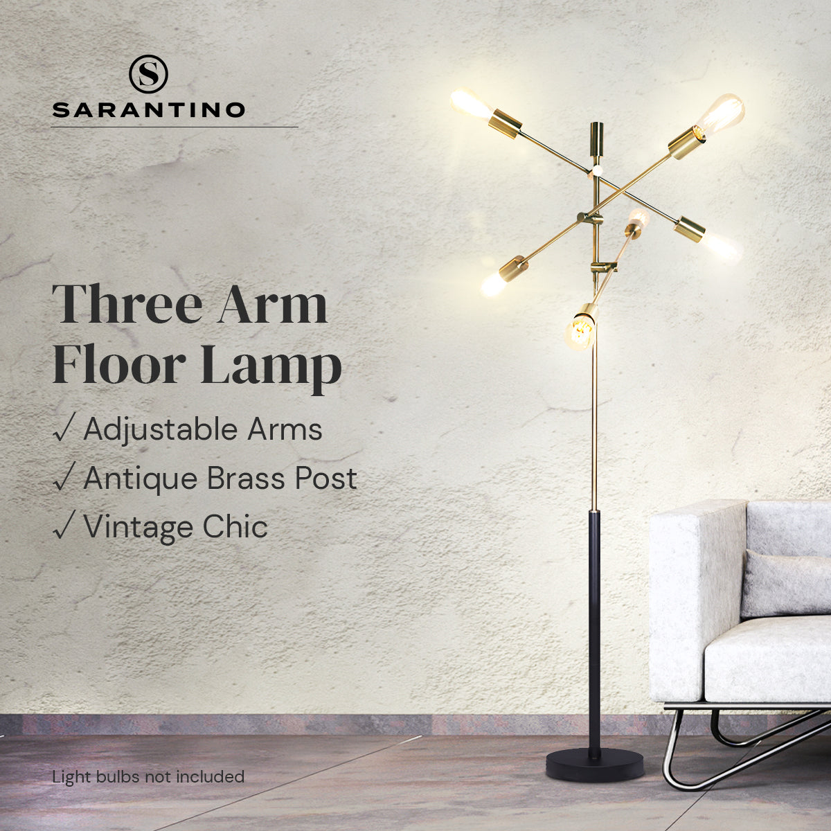 Sarantino Three Arm Floor Lamp feature image with checkmarks for Adjustable Arms, Antique Brass Post, Vintage Chic