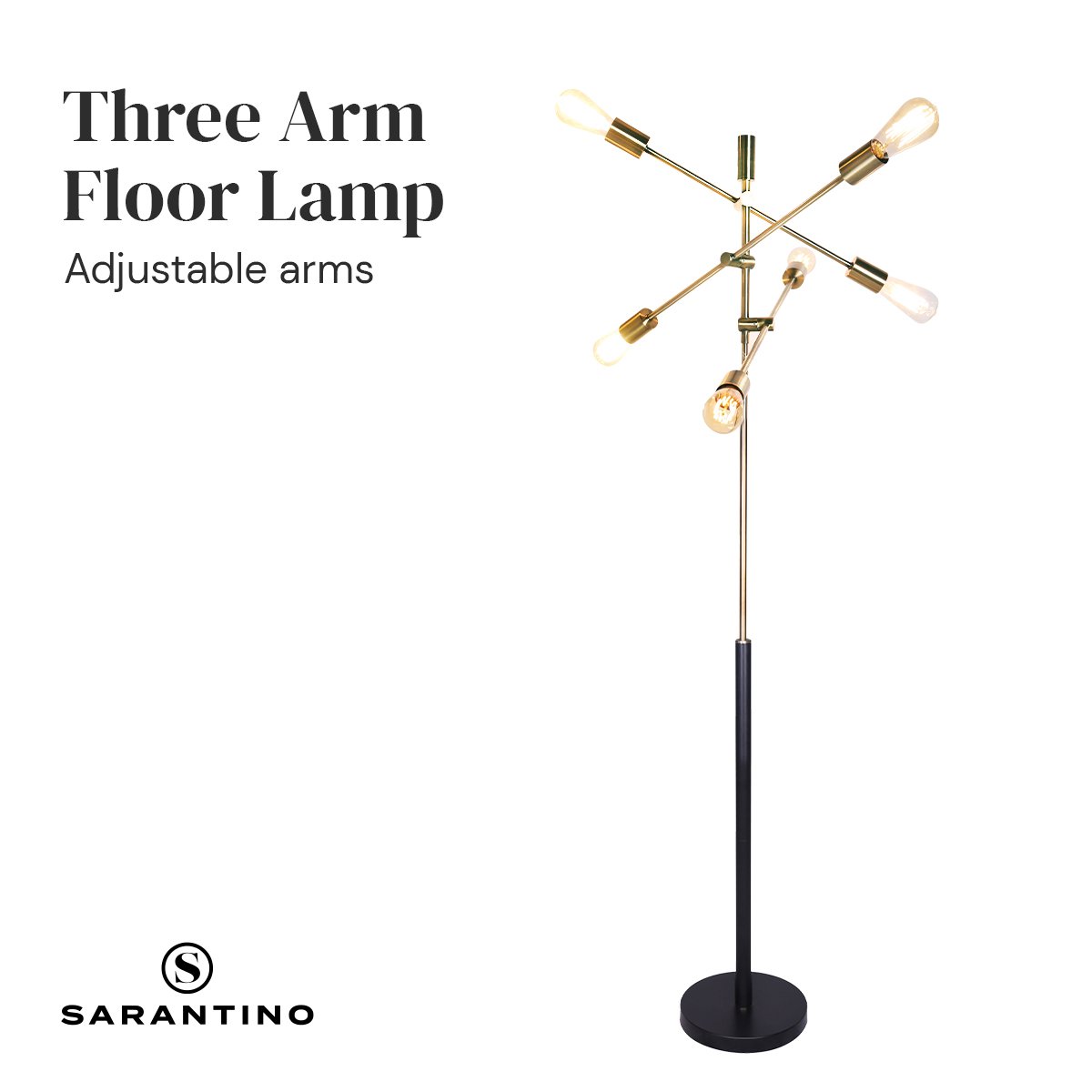 Sarantino Three Arm Floor Lamp on white background with text "Three Arm Floor Lamp, Adjustable arms"