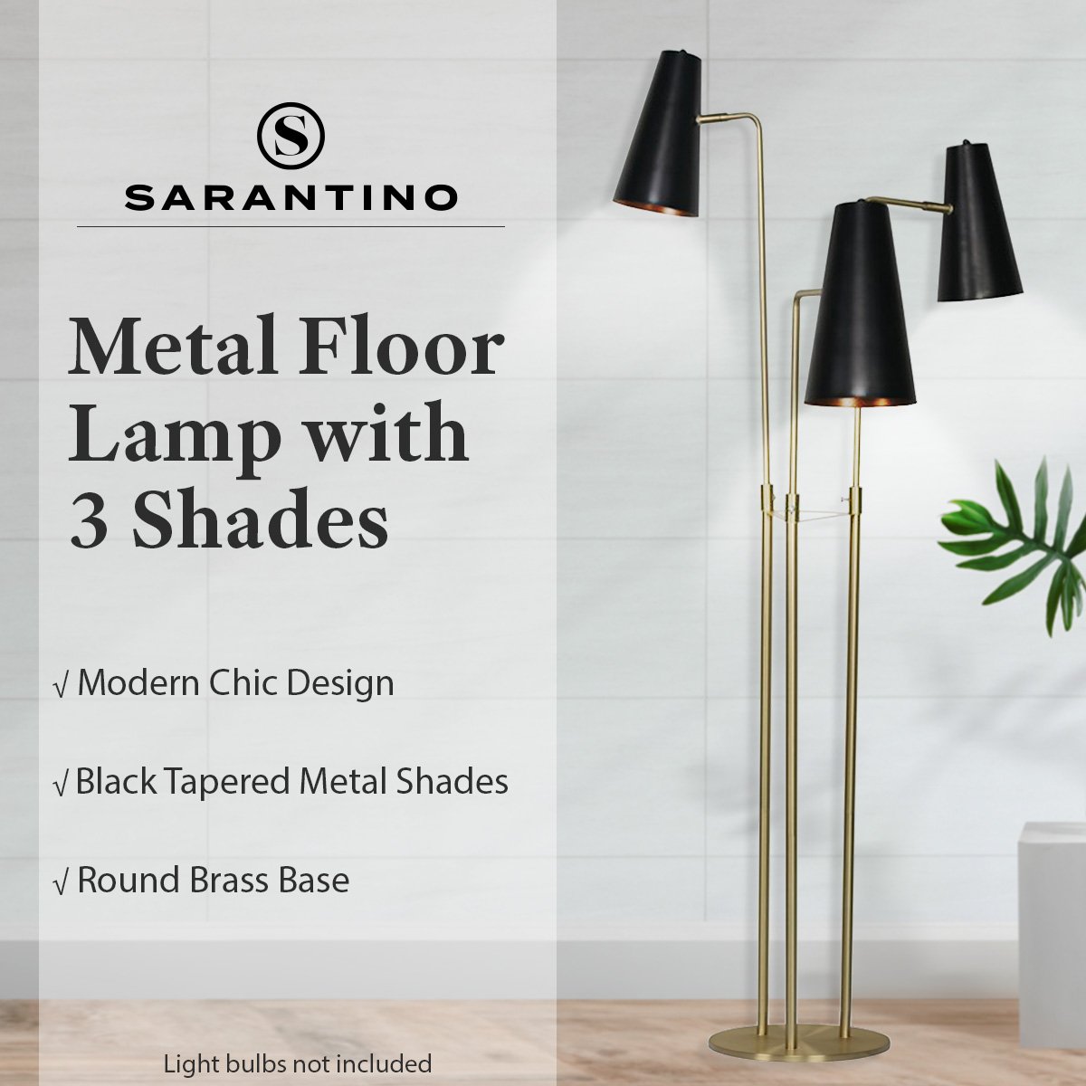 Sarantino lamp feature image with text Metal Floor Lamp with 3 Shades and checkmarks for Modern Chic Design, Tapered Shades