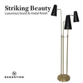 Sarantino three-arm floor lamp on white background with text 