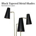 Three black tapered metal lamp shades on gold brass arms, text 