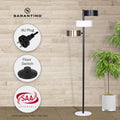 Sarantino three-shade floor lamp in brick wall room with callouts for AU Plug, Floor Switch, and SAA Approvals badge