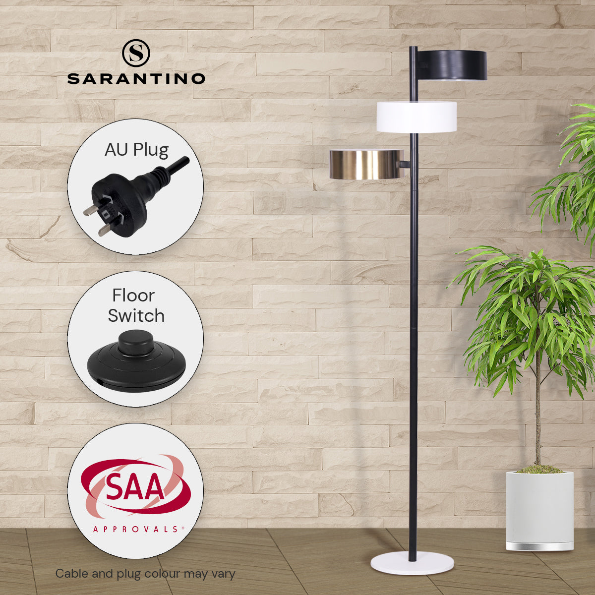 Sarantino three-shade floor lamp in brick wall room with callouts for AU Plug, Floor Switch, and SAA Approvals badge