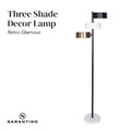 Sarantino three-shade floor lamp on white background with text 