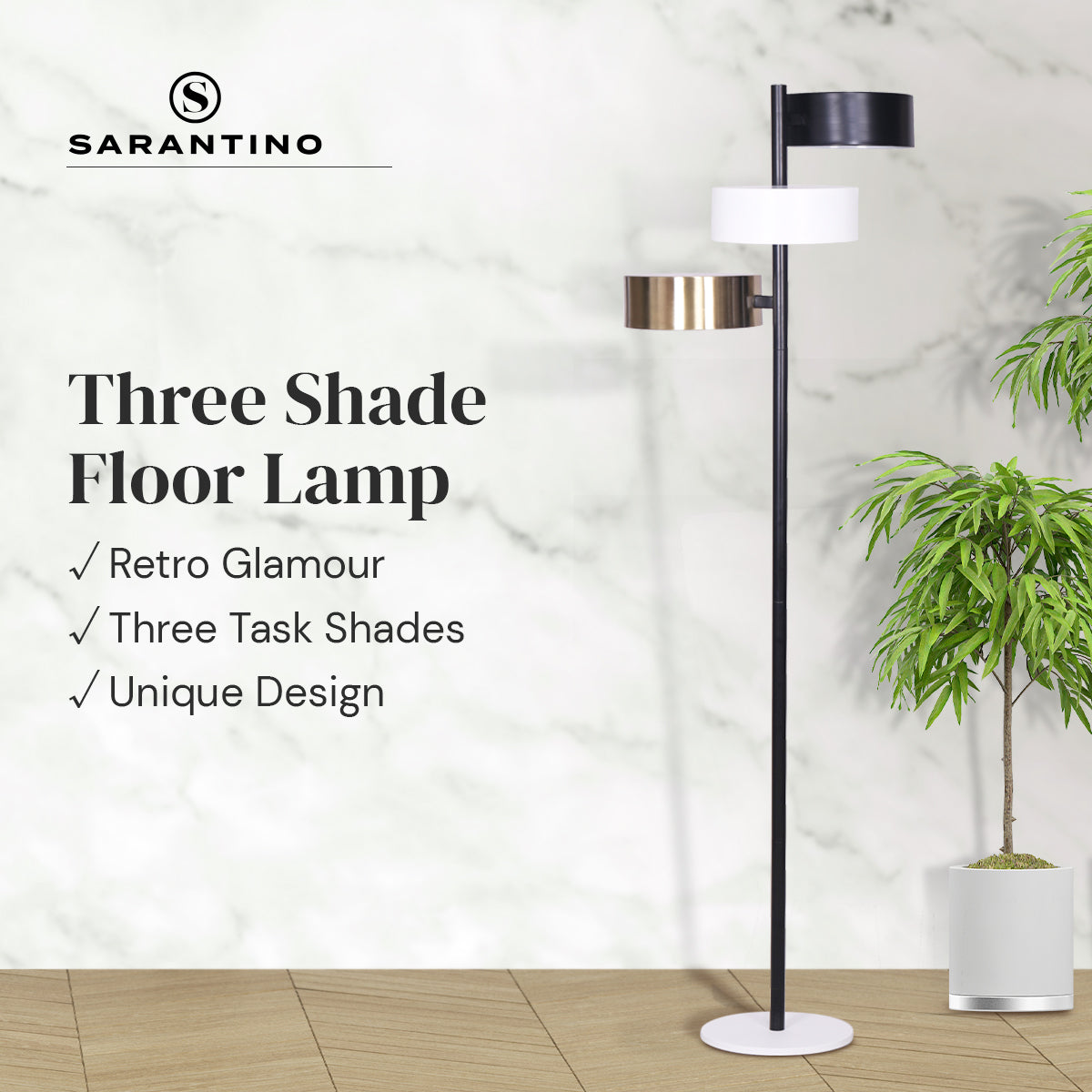 Sarantino Three Shade Floor Lamp in marble room setting, checkmarks: Retro Glamour, Three Task Shades, Unique Design