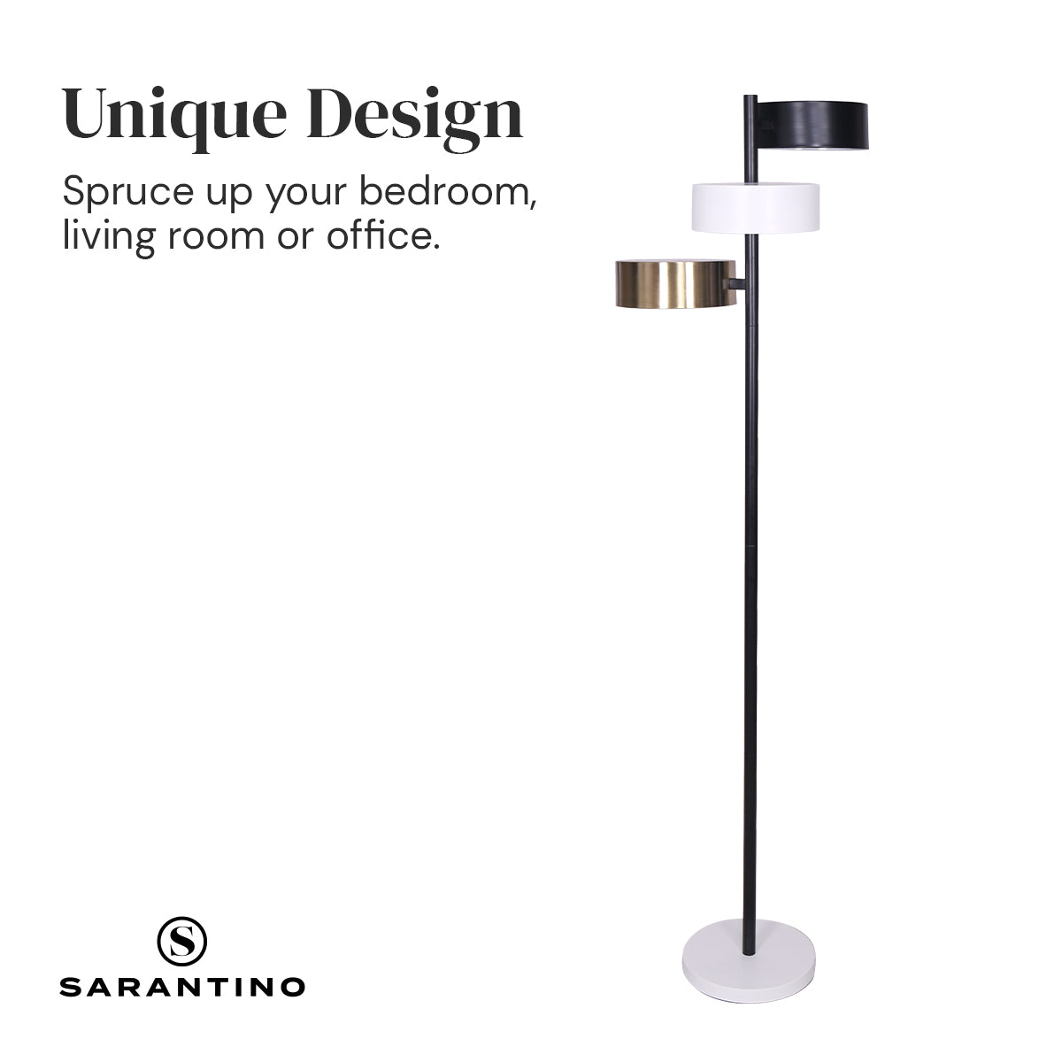 Sarantino three-arm floor lamp with text "Unique Design, Spruce up your bedroom, living room or office"