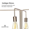Antique brass arms and Edison filament bulbs close-up, text Antique Brass - Contrasts with black metal base, Sarantino logo