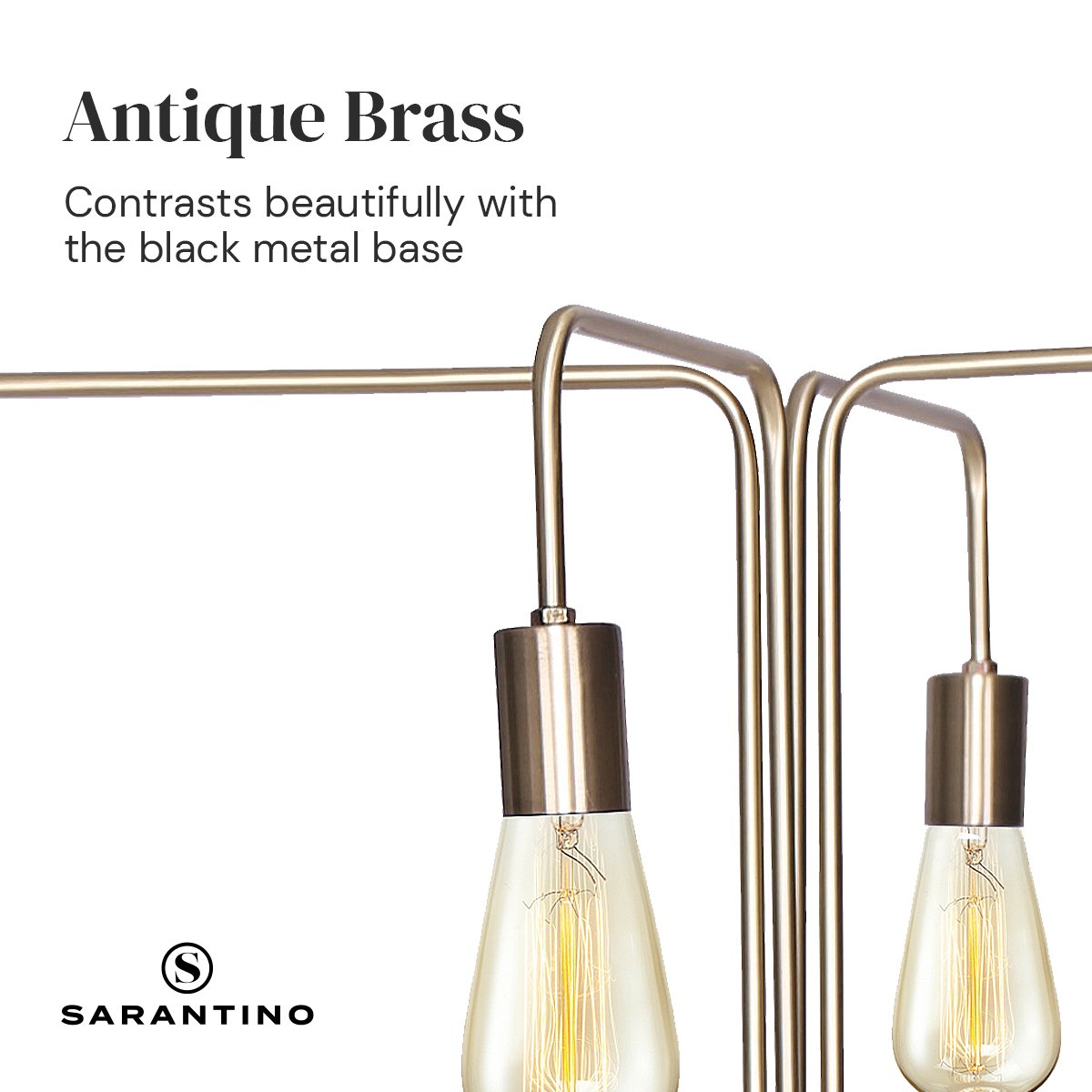 Antique brass arms and Edison filament bulbs close-up, text Antique Brass - Contrasts with black metal base, Sarantino logo