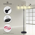 Floor lamp in room with callouts: AU plug, floor switch, SAA Approvals badge and Sarantino logo