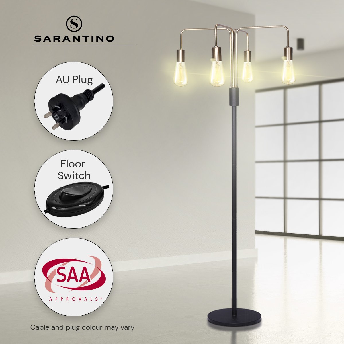 Floor lamp in room with callouts: AU plug, floor switch, SAA Approvals badge and Sarantino logo