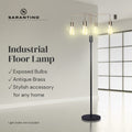 Floor lamp in room with text Industrial Floor Lamp - Exposed Bulbs, Antique Brass, Sarantino logo