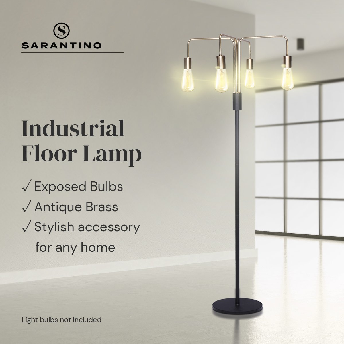 Floor lamp in room with text Industrial Floor Lamp - Exposed Bulbs, Antique Brass, Sarantino logo