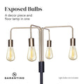 Four arm floor lamp with four gold curved arms and exposed Edison filament bulbs, text Exposed Bulbs, Sarantino logo