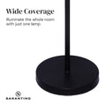 Floor lamp base close-up with text Wide Coverage - Illuminate the whole room with just one lamp and Sarantino logo