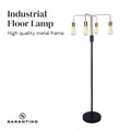 Four-arm floor lamp on black pole with text Industrial Floor Lamp - High quality metal frame and Sarantino logo