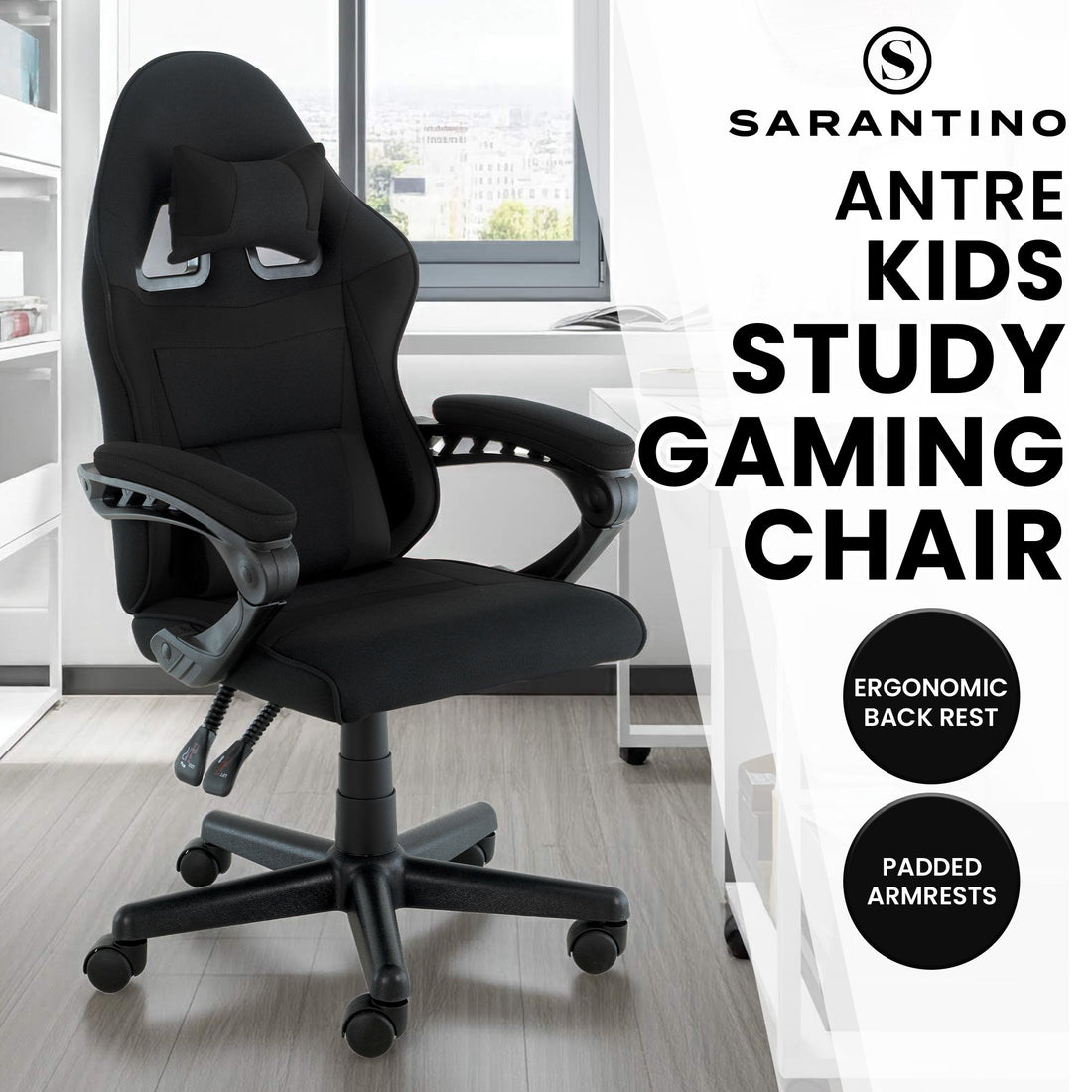 Sarantino all-black kids gaming chair with lumbar cushion front view on white, black five-star base with casters
