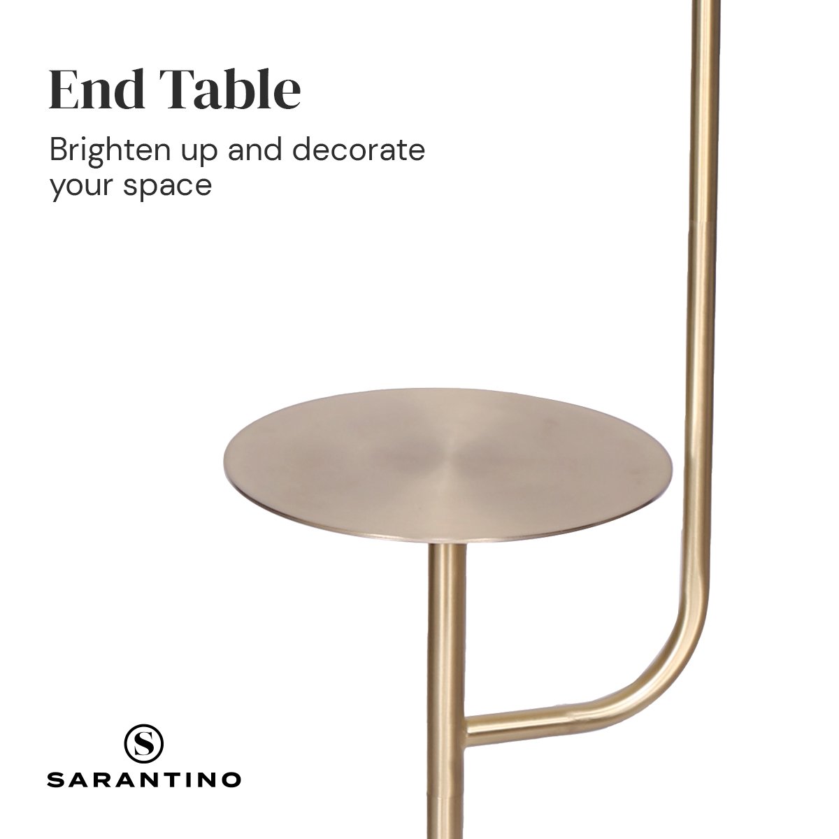 Sarantino close-up of round brass end table with text "End Table, Brighten up and decorate your space"