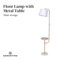 Sarantino brass arc floor lamp with metal side table on white background, text 