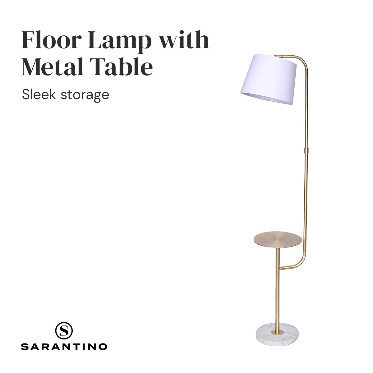 Sarantino brass arc floor lamp with metal side table on white background, text "Floor Lamp with Metal Table"