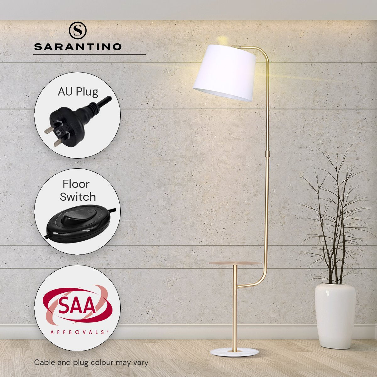 Sarantino arc floor lamp with side table lit in concrete room with callouts for AU Plug, Floor Switch, and SAA Approvals