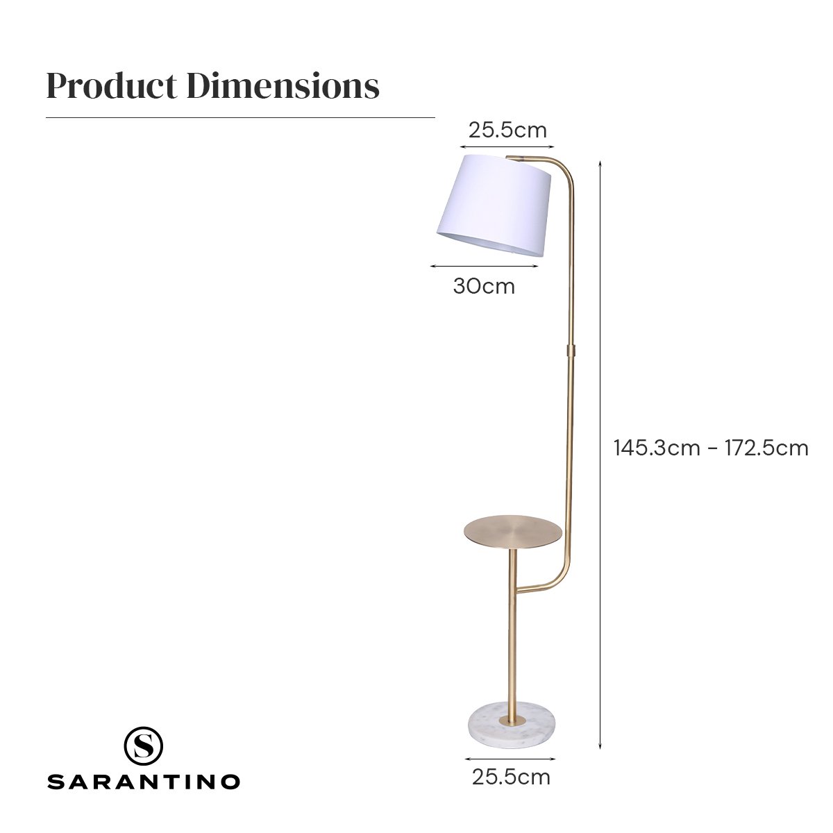 Sarantino arc floor lamp with side table dimensions: 145.3-172.5cm height, 30cm shade, 25.5cm shade width and base