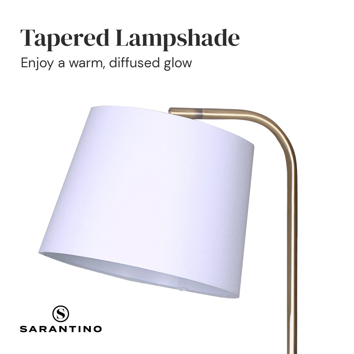 Sarantino close-up of white tapered lampshade on brass arc arm with text "Tapered Lampshade, Enjoy a warm, diffused glow"