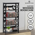 Sarantino Daphne Wooden Bookcase feature infographic: 5-tier shelf, stylish side panels, black painted finish