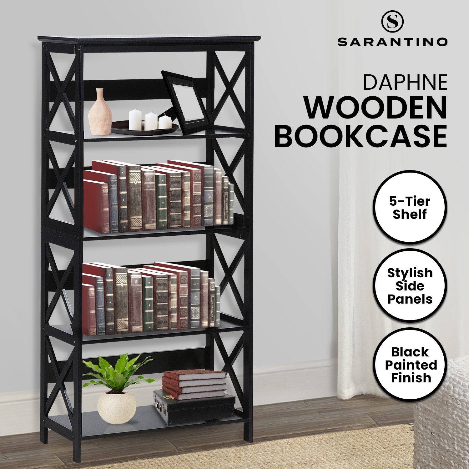 Sarantino Daphne Wooden Bookcase feature infographic: 5-tier shelf, stylish side panels, black painted finish