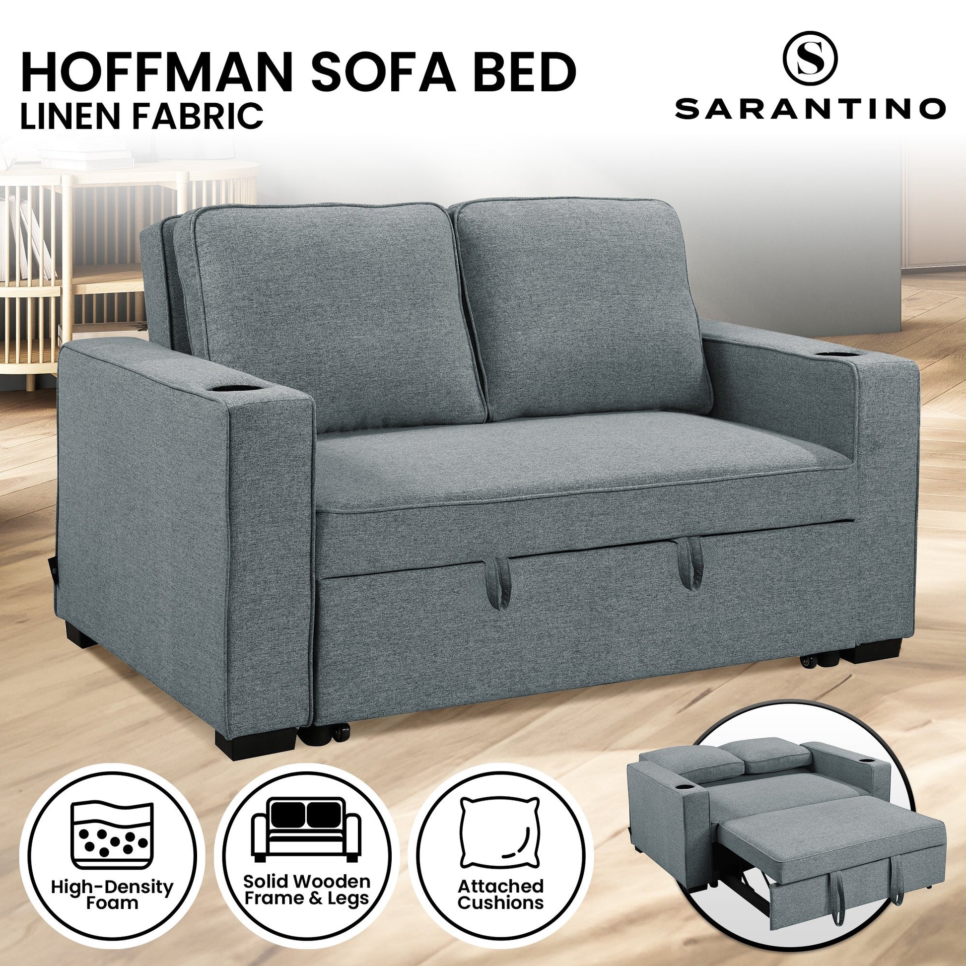 Sarantino Hoffman dark grey sofa bed promotional image with feature icons and bed mode inset