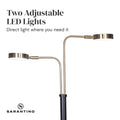 Feature Two Adjustable LED Lights: close-up of gold dual-arm head with two circular LED disc heads, Sarantino logo