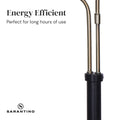 Feature Energy Efficient: close-up of gold dual arm connection joining black pole, Sarantino logo on white background
