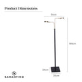 Dimensions diagram: dual-arm LED floor lamp 148cm tall, 51cm arm span, 25x25cm square base, Sarantino logo
