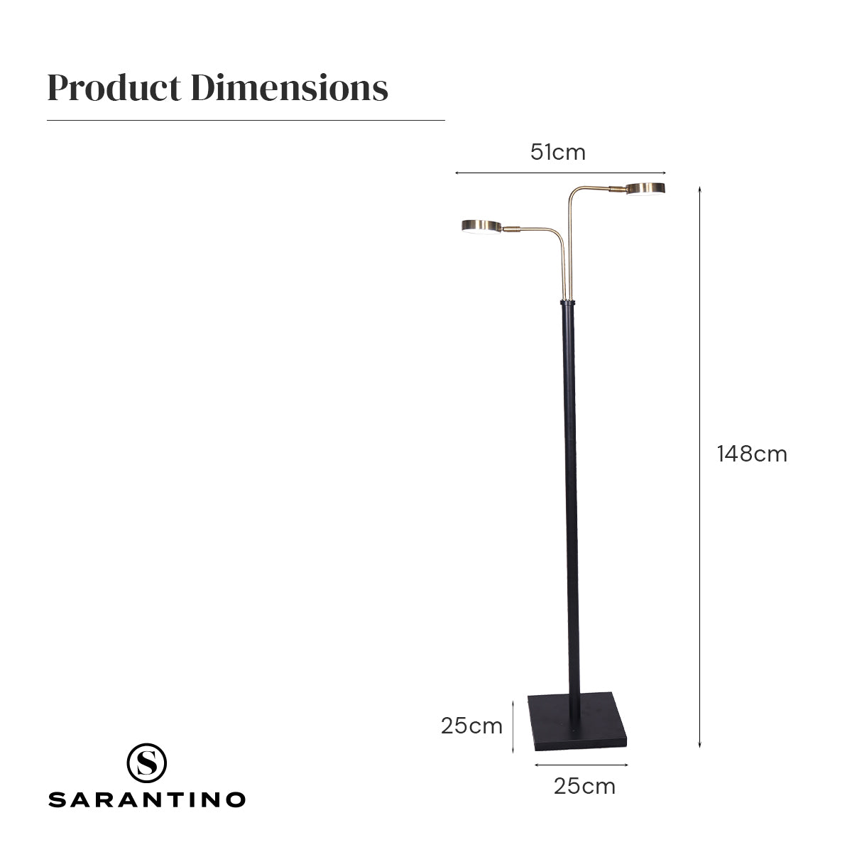Dimensions diagram: dual-arm LED floor lamp 148cm tall, 51cm arm span, 25x25cm square base, Sarantino logo