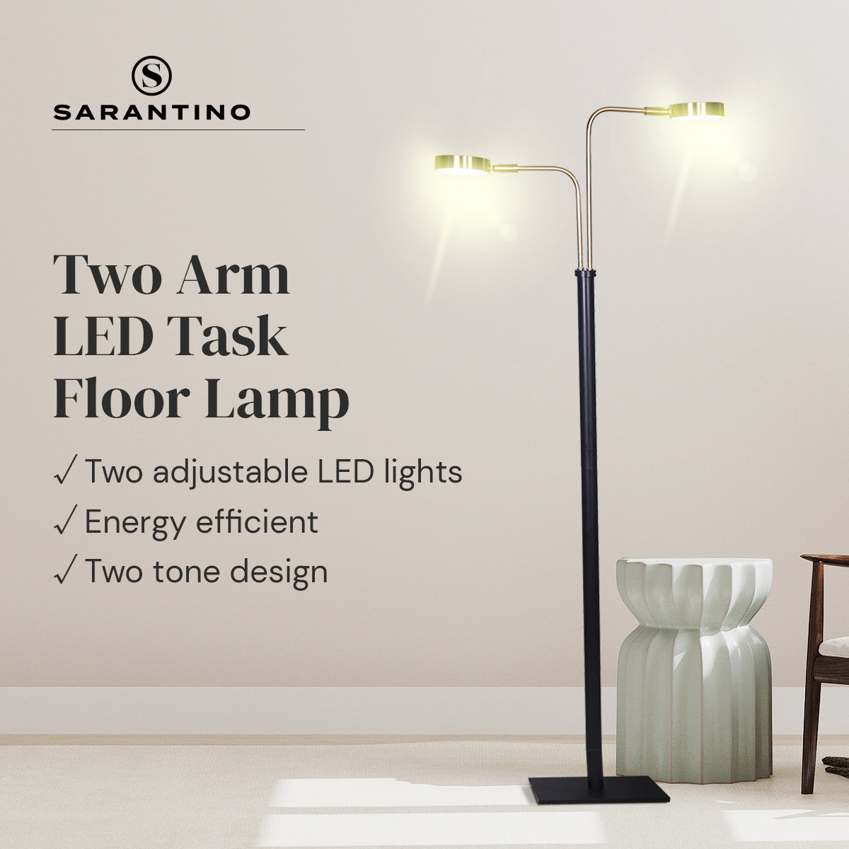 Sarantino Two Arm LED Task Floor Lamp lit in beige room: two adjustable LED lights, energy efficient, two tone design
