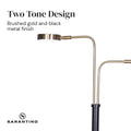 Feature Two Tone Design: brushed gold dual arms and LED disc head against black pole, Sarantino logo on white background
