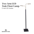 Sarantino Two Arm LED Task Floor Lamp with 5-watt LED shades, black pole and square base on white background