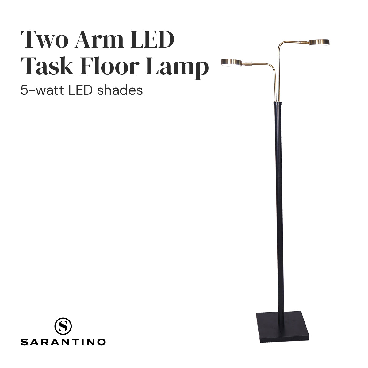 Sarantino Two Arm LED Task Floor Lamp with 5-watt LED shades, black pole and square base on white background