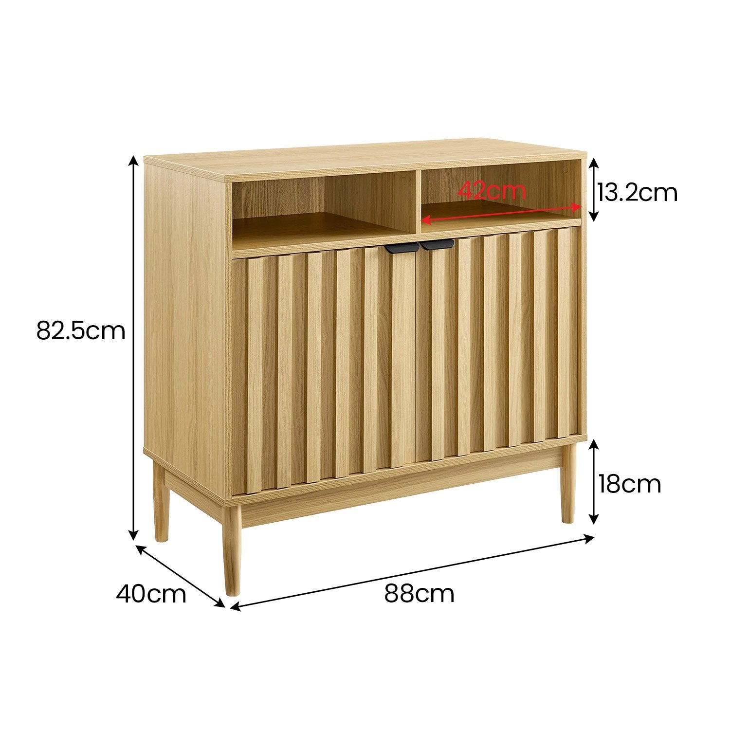 Dimension diagram of Sarantino Eleni sideboard: 88cm wide, 40cm deep, 82.5cm tall, 18cm legs, 42cm niche width