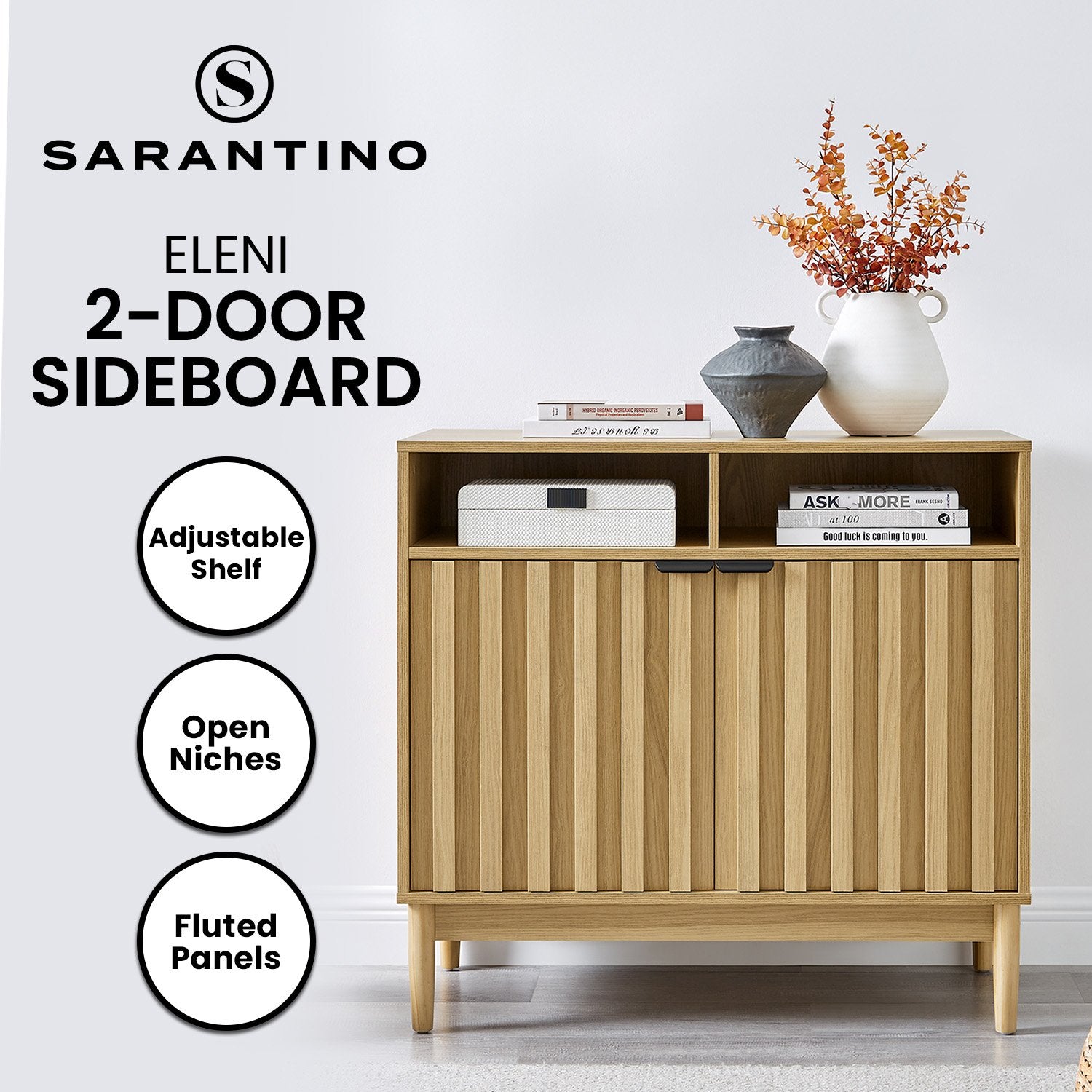 Sarantino Eleni 2-door sideboard feature image, text: Adjustable Shelf, Open Niches, Fluted Panels, styled with vases on top