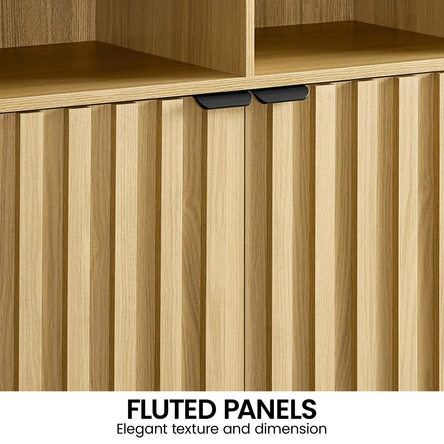 Close-up of Sarantino Eleni sideboard fluted door panels and black handles, text: Fluted Panels