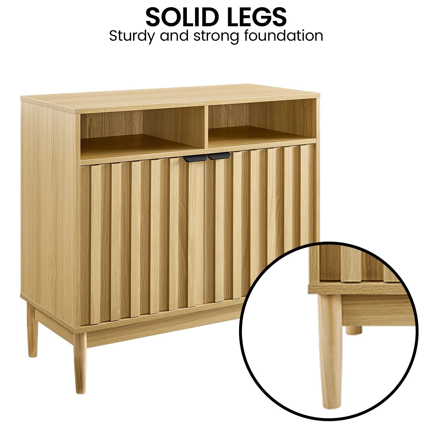 Sarantino Eleni sideboard angled view with leg detail inset, text: Solid Legs, Sturdy and strong foundation
